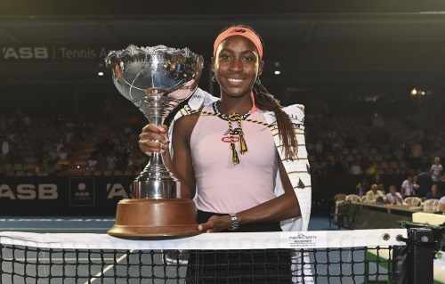 USA's Coco Gauff poses for a photo with her trophy after she beat Spain's Viktoria Masarova in the final of the ASB Classic tennis event in Auckland, New Zealand, Sunday, Jan. 8, 2023. (Andrew Cornaga/Photoport via AP)