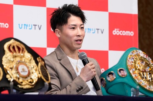 Naoya Inoue of Japan speaks during a press conference in Yokohama, near Tokyo, Friday, Jan. 13, 2023. Inoue said Friday, Jan. 13, 2023, he will give up his four bantamweight belts and will fight as a super bantamweight. Inoue is undefeated and holds the title belts for the WBA, WBO, IBF, and WBA. (Kyodo News via AP)