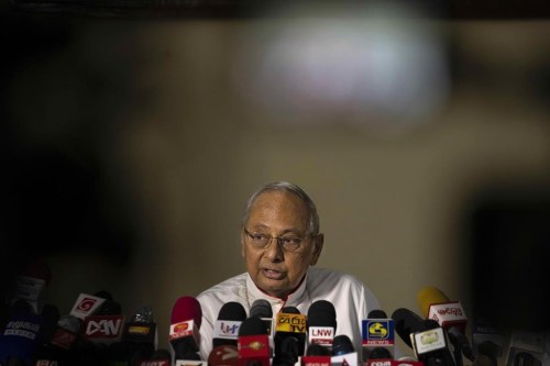 Cardinal Malcolm Ranjith, archbishop of Colombo, speaks during a media briefing in Colombo, Sri Lanka, Friday, Jan. 13, 2023. Sri Lanka’s Catholic church wants the country’s former President Maithripala Sirisena be criminally prosecuted for negligence, a day after the country’s top court ordered him pay compensation to the victims of the 2019 Easter Sunday bomb attacks that killed nearly 270 people. (AP Photo/Eranga Jayawardena)