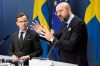 Swedish Prime Minister Ulf Kristersson, left, and European Council President Charles Michel speak during a press conference in Stockholm, Monday Jan. 16, 2023. (Henrik Montgomery/TT News Agency via AP)