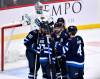 FRED GREENSLADE / THE CANADIAN PRESS
                                Winnipeg Jets&rsquo; Pierre-Luc Dubois (80) celebrates his goal against the Seattle Kraken with Nikolaj Ehlers (27), Josh Morrissey (44) and Neal Poink (4) during third period NHL action in Winnipeg.