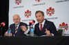 Canada Soccer president Nick Bontis, right, speaks as interim general secretary Earl Cochrane listens during a news conference, in Vancouver, on Sunday, June 5, 2022. The House of Commons' heritage committee is inviting the leadership of Canada Soccer to testify in early March, putting the governing body under scrutiny over allegations of unequal treatment of the national women’s soccer team and allegations of sexual abuse within soccer programs.THE CANADIAN PRESS/Darryl Dyck