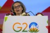 Spain's Economy Minister Nadia Calvino speaks during a press conference on the sidelines of G-20 financial conclave on the outskirts of Bengaluru, India, Saturday, Feb. 25, 2023. (AP Photo/Aijaz Rahi)