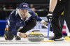Team Nova Scotia third, Luke Saunders makes a shot against Team Alberta during the Tim Hortons Brier at Budweiser Gardens in London, Ont. on Saturday, March 4, 2023. THE CANADIAN PRESS / Nicole Osborne