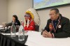 Assembly of Manitoba Chiefs Grand Chief Cathy Merrick, St. Theresa Point First Nation Chief Elvin Flett, Gregory Wood, band councillor with St. Theresa Point First Nation take part in a press conference in Winnipeg, Friday, March 24, 2023. Flett believes drug use played a role in the deaths of two 14-year-old girls earlier this month. THE CANADIAN PRESS/Brittany Hobson
