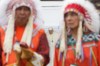 Pope Francis bows his head behind Indigenous chiefs preparing to perform a traditional dance at a ceremony in Maskwacis, Alta., on Monday, July 25, 2022. The Vatican has rejected the Doctrine of Discovery a year after Pope Francis met with Indigenous groups from Canada and delivered his first apology for the Catholic Church’s role in residential schools.THE CANADIAN PRESS/Nathan Denette