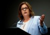 Manitoba PC leader and Premier Heather Stefanson speaks during the Progressive Conservative Party's annual general meeting at the convention centre in Winnipeg on Saturday, April 15, 2023. A train derailment has closed a busy Winnipeg thoroughfare and prompted the Manitoba government to take another look at relocating rail lines outside the city. THE CANADIAN PRESS/John Woods