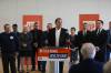 Manitoba&rsquo;s leader of the NDP, Wab Kinew announces his healthcare platform with several members of his party at the Tundra Oil and Gas Place on Monday. (Michele McDougall / The Brandon Sun)