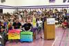 The majority of citizens that crowded the gymnasium were in opposition to banning books from Brandon School Division libraries during a board meeting at Vincent Massey High School on Tuesday evening. (Tim Smith / The Brandon Sun)