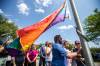 MIKAELA MACKENZIE / WINNIPEG FREE PRESS
                                Pride Winnipeg president Barry Karlenzig (left), Kookum Gayle Pruden, and premier Heather Stefanson raise the Pride flag outside of the Manitoba Legislative Building on May 26, 2023.