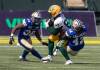 JASON FRANSON / THE CANADIAN PRESS
                                Winnipeg Blue Bombers&rsquo; Abu Daramy-Swaray (38) and Souleymane Karamoko (42) tackle Edmonton Elks&rsquo; Maurice Ffrench (88) during the second half.