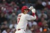 Los Angeles Angels designated hitter Shohei Ohtani (17) takes a practice swing during a baseball game against the Houston Astros in Anaheim, Calif., Monday, May 8, 2023. (AP Photo/Ashley Landis)