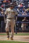 San Diego Padres batter Juan Soto looks toward the pitcher's mound after being walked during the eighth inning of a baseball game against New York Yankees, Saturday, May 27, 2023, in New York. (AP Photo/Bebeto Matthews)