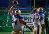 Heywood Yu / THE CANADIAN PRESS
                                Blue Bombers offensive lineman Liam Dobson spikes the ball after Dru Brown&rsquo;s second-half touchdown Friday against the Saskatchewan Roughriders.
