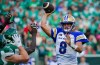 Winnipeg Blue Bombers quarterback Zach Collaros (8) throws against the Saskatchewan Roughriders during the first half of CFL football action in Regina, on Friday, June 16, 2023. It has been quite the start to the 2023 CFL season for Collaros and fellow veteran quarterback Vernon Adams Jr. THE CANADIAN PRESS/Heywood Yu