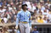Tampa Bay Rays' Wander Franco reacts after hitting a foul fly ball down the right field line in the seventh inning of a baseball game against the San Diego Padres, Sunday, June 18, 2023, in San Diego. (AP Photo/Derrick Tuskan)