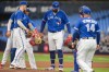 Toronto Blue Jays starting pitcher Alek Manoah (6) steps off the mound before being pulled by manager John Schneider (14) against the Houston Astros in first inning American League MLB baseball action in Toronto on Monday, June 5, 2023.&nbsp;There's no firm date for pitcher Alek Manoah's return to the Blue Jays starting rotation. THE CANADIAN PRESS/Andrew Lahodynskyj