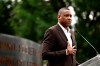 Toronto Raptors president Masai Ujiri speaks at the presentation of the Humanity Art Installation at Major's Hill Park in Ottawa, on Friday, July 8, 2022. Ujiri and Cree artist Kent Monkman are among the dozens of people newly named to Canada's highest civilian honour.THE CANADIAN PRESS/Justin Tang