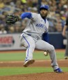 Kansas City Royals pitcher Aroldis Chapman throw the ball against the Tampa Bay Rays during the eighth inning of a baseball game, Sunday, June 25, 2023, in St. Petersburg, Fla. (AP Photo/Steve Nesius)