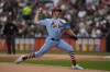 St. Louis Cardinals starting pitcher Miles Mikolas throws during the first inning of a baseball game against the Chicago White Sox, Saturday, July 8, 2023, in Chicago. (AP Photo/Erin Hooley)