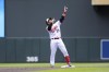 Minnesota Twins' Donovan Solano (39) celebrates at second base after hitting a double against the Baltimore Orioles in the first inning of a baseball game Saturday, July 8, 2023, in Minneapolis. (AP Photo/Bailey Hillesheim)