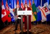 Manitoba Premier Heather Stefanson, who chairs the Council of the Federation, speaks to media as Quebec Premier François Legault listens at the annual premiers meeting at The Fort Garry Hotel in Winnipeg, Tuesday, July 11, 2023. THE CANADIAN PRESS/John Woods
