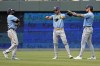 Tampa Bay Rays outfielders Randy Arozarena, left, Jose Siri, center, and Josh Lowe celebrate after the first game of a baseball doubleheader against the Kansas City Royals Saturday, July 15, 2023, in Kansas City, Mo. The Rays won 6-1. (AP Photo/Charlie Riedel)