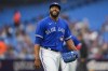Toronto Blue Jays relief pitcher Jay Jackson (35) looks on during second inning American League baseball action against the Houston Astros in Toronto on Monday, June 5, 2023. Jackson is returning to the Blue Jays lineup after a brief stint on family medical emergency list. THE CANADIAN PRESS/Andrew Lahodynskyj