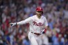 Philadelphia Phillies' Trea Turner reacts after hitting a three-run home run against Kansas City Royals pitcher Angel Zerpa during the sixth inning of a baseball game, Saturday, Aug. 5, 2023, in Philadelphia. (AP Photo/Matt Slocum)