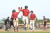 SUPPLIED

Team Manitoba’s Justin Scott, Riley Craw and Easton Grieve (from left) celebrate Dawson Tanner’s two-run single in the fifth inning of Sunday’s gold-medal final.