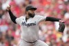 Miami Marlins starting pitcher Johnny Cueto throws against the Cincinnati Reds during the first inning of a baseball game Wednesday, Aug. 9, 2023, in Cincinnati. (AP Photo/Jeff Dean)