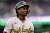 Oakland Athletics' Esteury Ruiz reacts after hitting a foul ball during the second inning of a baseball game against the Washington Nationals, Friday, Aug. 11, 2023, in Washington. (AP Photo/Stephanie Scarbrough)