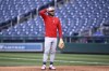 FILE - Philadelphia Phillies' Bryce Harper works out before a baseball game against the Washington Nationals, Friday, Aug. 18, 2023, in Washington. Harper and the Phillies hit Williamsport, Pa., on Sunday, Aug. 20, to play the Nationals in the annual Major League Baseball Little League Classic at 2,366-seat Historic Bowman Field. (AP Photo/Nick Wass, File)