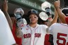 Boston Red Sox's Alex Verdugo celebrates his solo home run during the first inning of a baseball game against the Los Angeles Dodgers, Saturday, Aug. 26, 2023, in Boston. (AP Photo/Michael Dwyer)