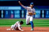 All-star shortstop Bo Bichette has been put on the 10-day injured list by the Toronto Blue Jays. Bichette (11) get the force out on Cleveland Guardians centre fielder Myles Straw (7) while trying to turn a double play during third inning MLB American League baseball action in Toronto, Sunday, Aug. 27, 2023. THE CANADIAN PRESS/Frank Gunn