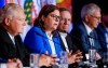 Despite her 23 years as a politician -- and almost two as Manitoba's first female premier -- Heather Stefanson says she is still getting used to the public spotlight. Stefanson, centre, Chair of the Council of the Federation, speaks to media as Ontario Premier Doug Ford and Quebec Premier Francois Legault listen in during the closing news conference at the Council of the Federation, in Winnipeg, Wednesday, July 12, 2023. THE CANADIAN PRESS/John Woods