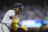 Atlanta Braves' Ronald Acuña Jr. celebrates his home run against the Los Angeles Dodgers during the third inning of a baseball game Saturday, Sept. 2, 2023, in Los Angeles. (AP Photo/Jae C. Hong)