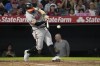 Baltimore Orioles' Austin Hays hits a two RBI single during the third inning of a baseball game against the Los Angeles Angels Wednesday, Sept. 6, 2023, in Anaheim, Calif. (AP Photo/Mark J. Terrill)