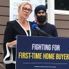 Rochelle Squires, the Tory candidate for Riel, with Burrows candidate Navraz Brar announcing a campaign promise to cut the land transfer tax for first-time homebuyers. (Winnipeg Free Press)