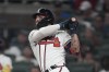 Atlanta Braves' Kevin Pillar watches his solo home run in the sixth inning of a baseball game against the Chicago Cubs, Tuesday, Sept. 26, 2023, in Atlanta. (AP Photo/John Bazemore)