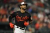 Baltimore Orioles' Aaron Hicks runs out a fly out against the Washington Nationals during the third inning of a baseball game, Wednesday, Sept. 27, 2023, in Baltimore. (AP Photo/Julio Cortez)