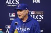 Texas Rangers manager Bruce Bochy responds to questions during news conference before baseball practice in Houston, Saturday, Oct. 14, 2023. The Rangers are scheduled to play the Houston Astros in Game 1 of MLB's American League Championship Series on Sunday. (AP Photo/Tony Gutierrez)