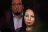 Sheila North, right, grand chief of Manitoba Keewatinowi Okimakanak, speaks to media as Derek Nepinak, grand chief of the Assembly of Manitoba Chiefs, listens in during a press conference in Winnipeg on March 18, 2016. THE CANADIAN PRESS/John Woods