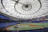 FILE - Members of the Tampa Bay Rays take batting practice at Tropicana Field before a baseball game against the Toronto Blue Jays in St. Petersburg, Fla., July 24, 2020. The Rays are pushing for swift approval of a financing deal for a new 30,000-seat ballpark, part of a much larger $6 billion redevelopment project that includes such things as affordable housing, a hotel, a Black history museum and many other items. (AP Photo/Chris O'Meara, File)