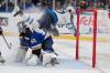 Jeff Roberson / The Associated Press
                                Jets forward Mason Appleton flies over Blues goalie Jordan Binnington after Binnington stopped him on a breakaway Tuesday night in St. Louis.