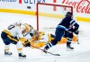 Winnipeg Jets' Kyle Connor (81) scores on Nashville Predators goaltender Juuse Saros (74) as Colton Sissons (10) and Alexandre Carrier (45) defend during second period NHL action in Winnipeg on Thursday, November 9, 2023. THE CANADIAN PRESS/John Woods
