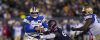 Winnipeg Blue Bombers quarterback Zach Collaros (8) looks to throw as he evades a tackle from Montreal Alouettes defensive lineman Lwal Uguak (96) during the first half of football action at the 110th CFL Grey Cup in Hamilton, Ont., on Sunday, November 19, 2023. THE CANADIAN PRESS/Nathan Denette