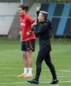 Canada’s national women’s soccer team captain Christine Sinclair and head coach Bev Priestman take part in the team’s practice Thursday, October 26, 2023 in Montreal.THE CANADIAN PRESS/Ryan Remiorz