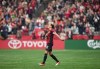 Canada's Christine Sinclair gestures to the crowd as she leaves the game in place of substitute Sophie Schmidt, not seen, during the second half of an international friendly soccer match, in Vancouver, on Tuesday, Dec. 5, 2023. THE CANADIAN PRESS/Darryl Dyck