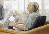 An artist's sketch shows accused serial killer Robert Pickton taking notes during the second day of his trial in B.C. Supreme Court in New Westminster, B.C., Tuesday January 31, 2006. Pickton is now eligible to apply for day parole, but a lawyer representing the family members of some of his victims says there's no chance of it being granted. THE CANADIAN PRESS/Jane Wolsack